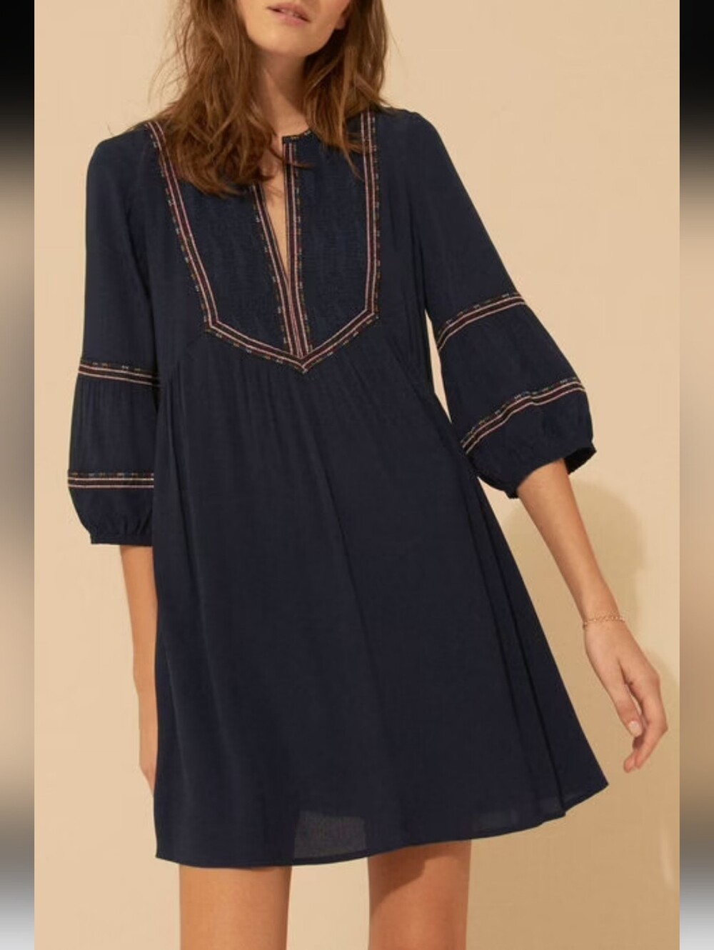 Ba&sh Cale Mini Dress Marine Blue Embroidered Neck Puff Sleeves Women's 0